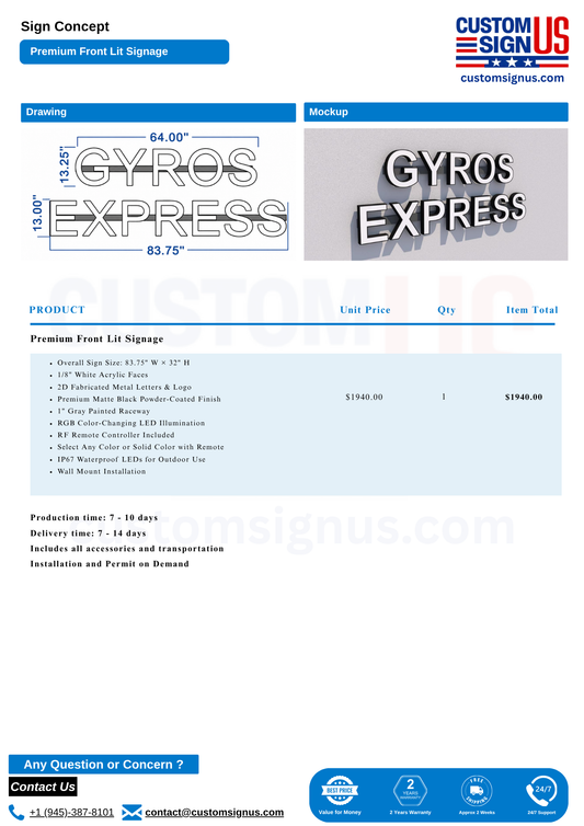 Premium Front Lit Signage - Gyros Express